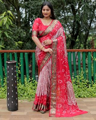 Women Coral Bandhej Printed Silk And Bandhni Type Zari Weaving With Rich Pallu Saree With Blouse For Women 3