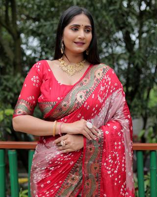 Women Coral Bandhej Printed Silk And Bandhni Type Zari Weaving With Rich Pallu Saree With Blouse For Women 4