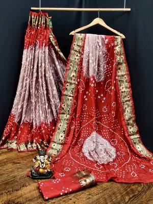 Women Coral Bandhej Printed Silk And Bandhni Type Zari Weaving With Rich Pallu Saree With Blouse For Women 5