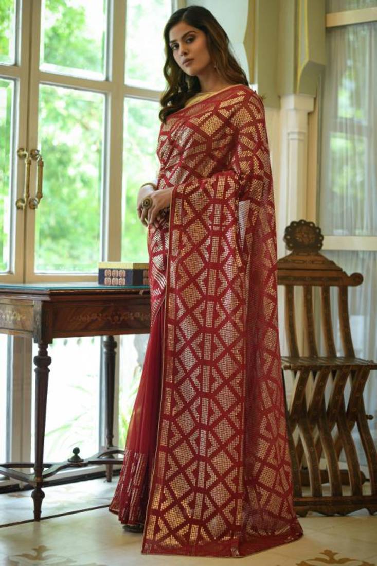 Women'S Sequence Chinon Saree With Unstiched Blouse Piece