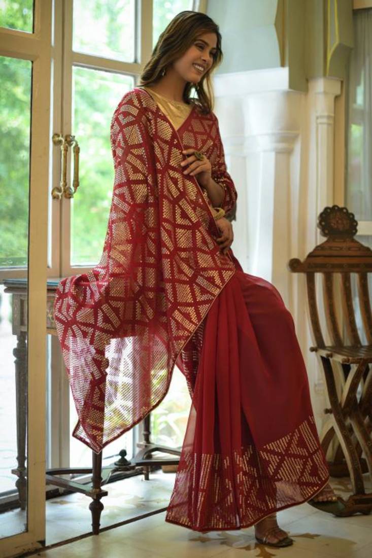 Women'S Sequence Chinon Saree With Unstiched Blouse Piece