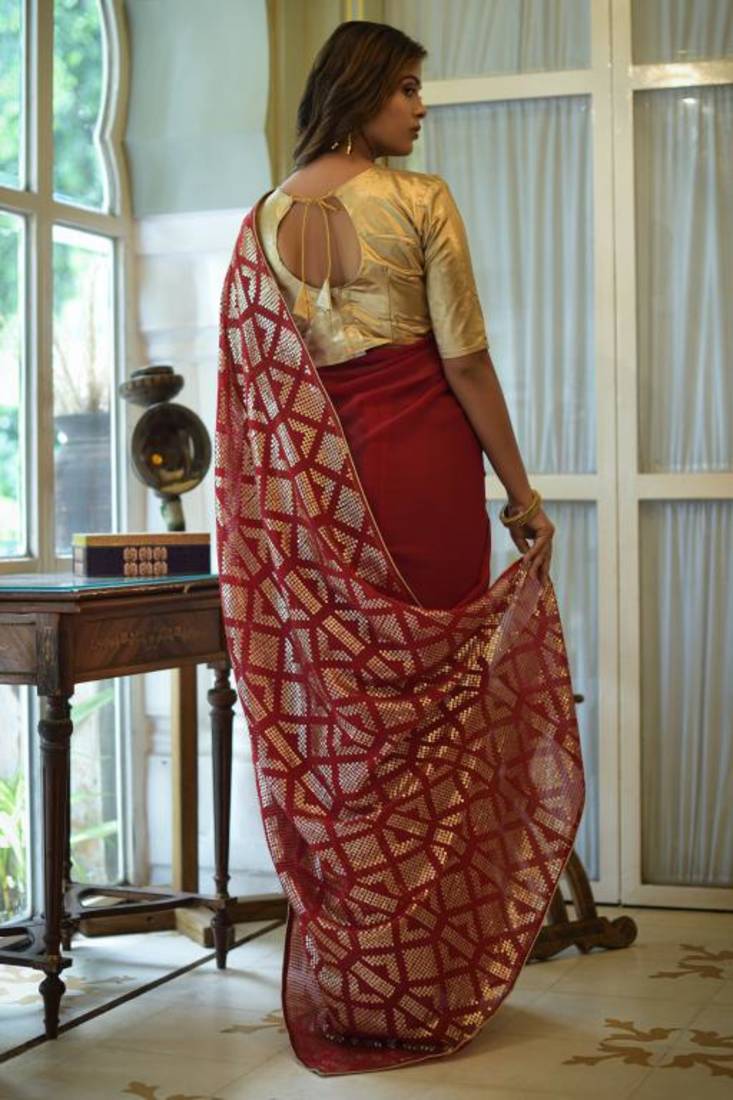 Women'S Sequence Chinon Saree With Unstiched Blouse Piece