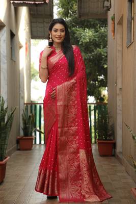 Women Pink Bandhej Kanjivaram Soft Silk Zari Weaving With Rich Pallu Saree With Blouse For Women 1