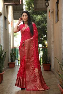 Women Pink Bandhej Kanjivaram Soft Silk Zari Weaving With Rich Pallu Saree With Blouse For Women 5