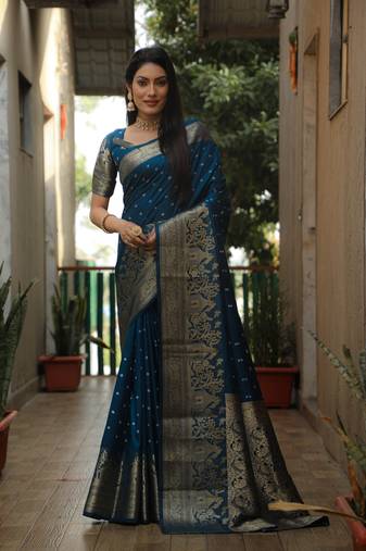 Women Dark Teal Bandhej Kanjivaram Soft Silk Zari Weaving With Rich Pallu Saree With Blouse For Women
