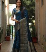 Women Dark Teal Bandhej Kanjivaram Soft Silk Zari Weaving With Rich Pallu Saree With Blouse For Women