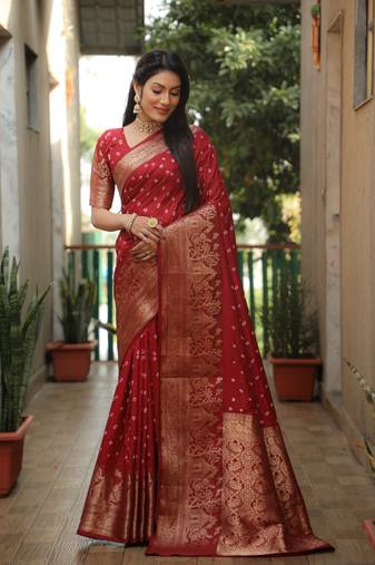 Women Red Bandhej Kanjivaram Soft Silk Zari Weaving With Rich Pallu Saree With Blouse For Women