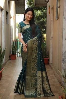 Women Green Bandhej Kanjivaram Soft Silk Zari Weaving With Rich Pallu Saree With Blouse For Women 3