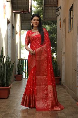 Women Scarlet Bandhej Kanjivaram Soft Silk Zari Weaving With Rich Pallu Saree With Blouse For Women 5