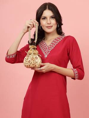 lotus beige & multi floral embellished faux silk potli 5