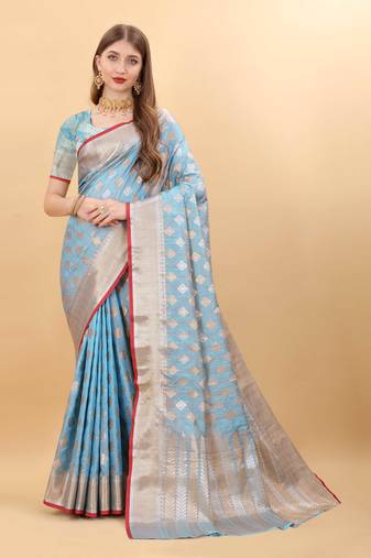 Yavira Silk Sky Blue Amazing Ethnic Wear Silk Blended Canderi Treditional Sarees