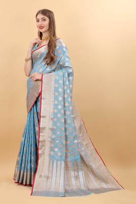 Yavira Silk Sky Blue Amazing Ethnic Wear Silk Blended Canderi Treditional Sarees 2