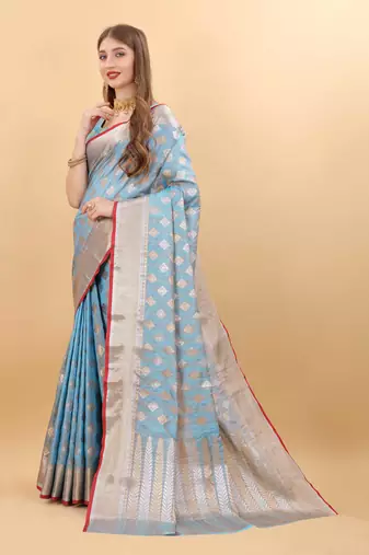 Yavira Silk Sky Blue Amazing Ethnic Wear Silk Blended Canderi Treditional Sarees