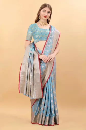 Yavira Silk Sky Blue Amazing Ethnic Wear Silk Blended Canderi Treditional Sarees