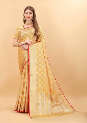 Yavira Silk Yellow Amazing Ethnic Wear Silk Blended Canderi Treditional Sarees 1