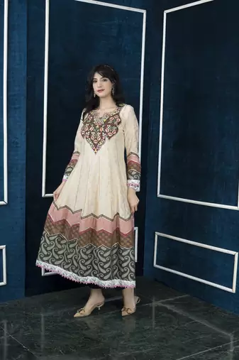 Nikhaar beige embroidered silk anarkali kurta & pants set