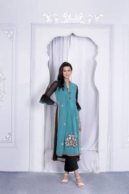 Nikhaar green embroidered georgette straight cut kurta & pants set 3