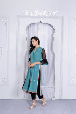 Nikhaar green embroidered georgette straight cut kurta & pants set 4