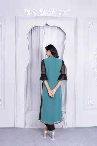 Nikhaar green embroidered georgette straight cut kurta & pants set