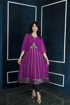 Nikhaar pink embroidered georgette anarkali kurta & pants set 1