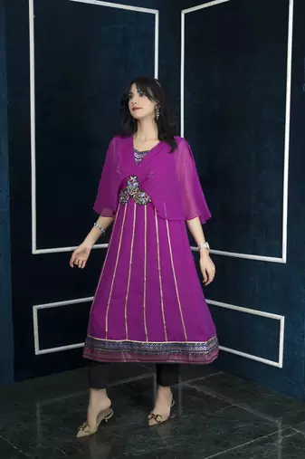Nikhaar pink embroidered georgette anarkali kurta & pants set