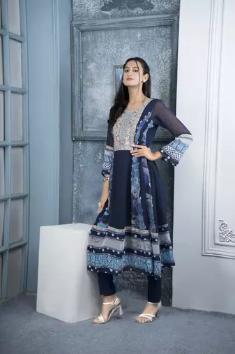 Nikhaar navy blue embroidered georgette anarkali kurta & pants set