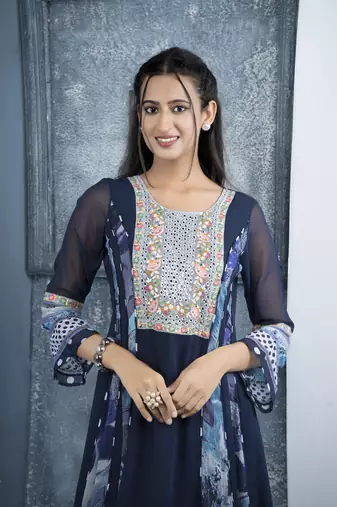 Nikhaar navy blue embroidered georgette anarkali kurta & pants set