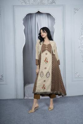 Nikhaar beige embroidered silk asymmetrical kurta & pants set 1