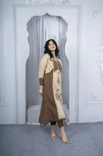 Nikhaar beige embroidered silk asymmetrical kurta & pants set