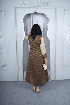 Nikhaar beige embroidered silk asymmetrical kurta & pants set 5