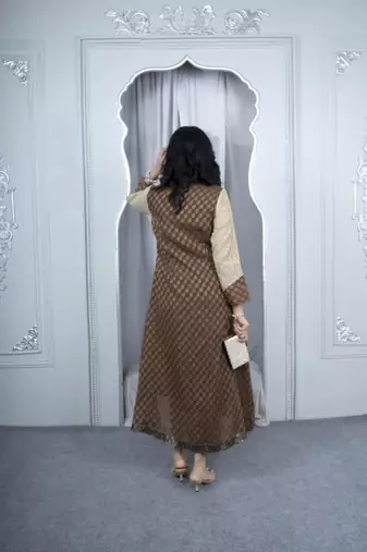 Nikhaar beige embroidered silk asymmetrical kurta & pants set