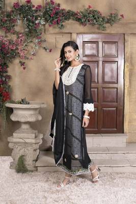 Nikhaar black embroidered georgette asymmetrical kurta & pants set 3