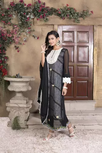 Nikhaar black embroidered georgette asymmetrical kurta & pants set