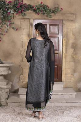 Nikhaar black embroidered georgette asymmetrical kurta & pants set 5