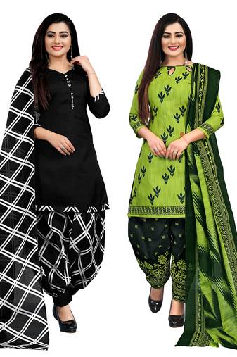 black and parrot green cotton printed unstitched salwar suit material (combo of 2)