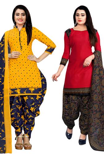 yellow & red cotton printed unstitched salwar suit material (combo of 2)