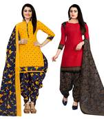 yellow & red cotton printed unstitched salwar suit material (combo of 2)