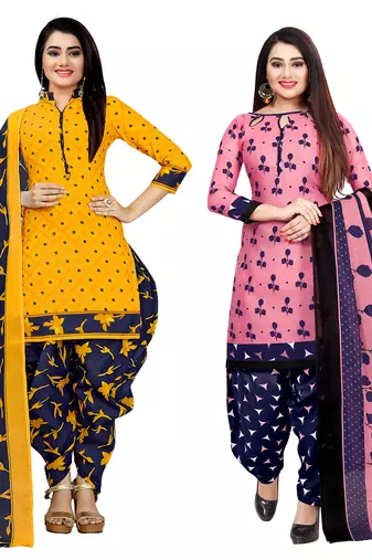 yellow and pink cotton printed unstitched salwar suit material (combo of 2)