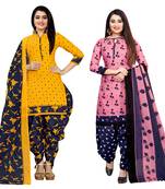 yellow and pink cotton printed unstitched salwar suit material (combo of 2)