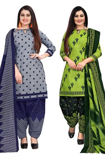 grey and parrot green cotton printed unstitched salwar suit material (combo of 2)