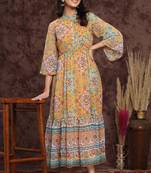 Mustard geometric printed chiffon tiered maxi dress with buttons.