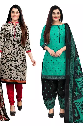 beige & green cotton printed unstitched salwar suit material (combo of 2)