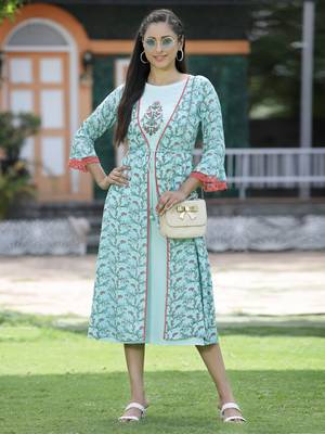 Sky blue floral printed cotton lacy jacket style dress with thread work & dori at waist 1