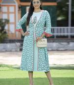 Sky blue floral printed cotton lacy jacket style dress with thread work & dori at waist