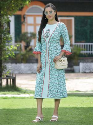Sky blue floral printed cotton lacy jacket style dress with thread work & dori at waist 2
