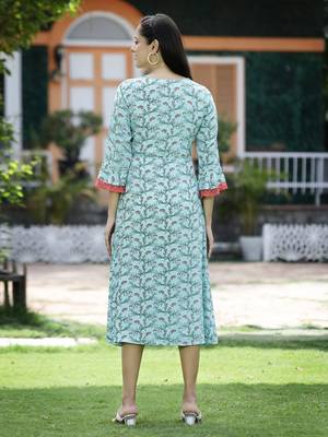 Sky blue floral printed cotton lacy jacket style dress with thread work & dori at waist 3