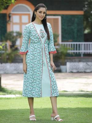 Sky blue floral printed cotton lacy jacket style dress with thread work & dori at waist 4