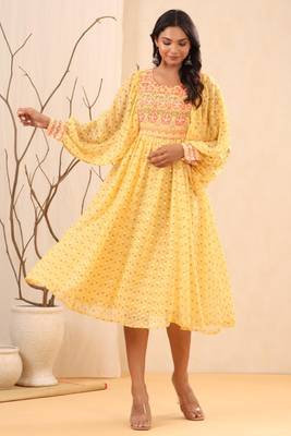 Yellow ethnic motif printed georgette midi  dress with sequins work 1