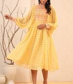 Yellow ethnic motif printed georgette midi  dress with sequins work
