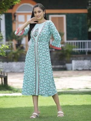 Sky blue floral printed cotton lacy jacket style dress with thread work & dori at waist 5